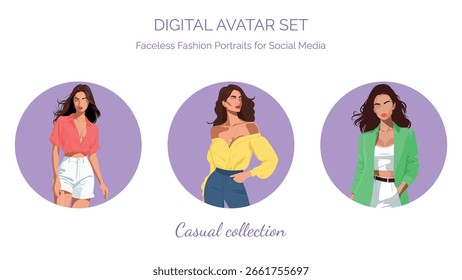 Trendy faceless avatar set featuring fashionable women in pastel outfits. Perfect for branding, social media icons, and personal design projects.
