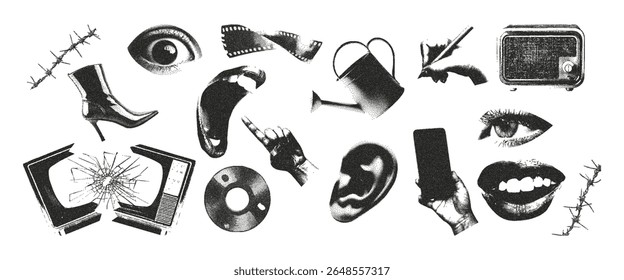 Trendy fake news halftone stipple elements with photocopy effect. Broken TV, eyes, ear, hands, screaming mouth. Retro vector illustration for poster, print, cover, on transparent.