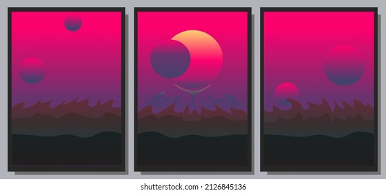 Trendy fantastic set of space scape posters with sundown. Strange planets wallpaper. Hand drawn contemporary banners.