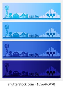 Trendy farm, village or small town skyline colored sets in different time of the day. Vector illustration