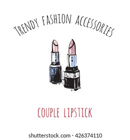 Trendy fashion accessories: couple lipstick. Trendy soft colored glamour fashion accessory in vogue style. Isolated fashion art element with two inscription around. Simple greeting card or flyer.