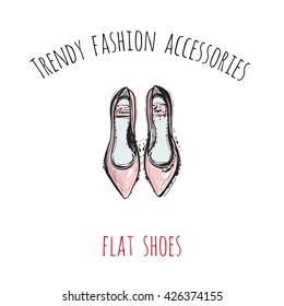 Trendy fashion accessories: flat shoes. Trendy soft colored glamour fashion accessory in vogue style. Isolated fashion art element with two inscription around. Simple greeting card or flyer.