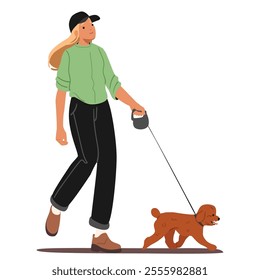 Trendy fashion active young woman cartoon pet owner character walking dog on leash isolated on white background. Casual dreamy attractive teenage girl with puppy everyday activity vector illustration