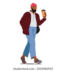 Trendy fashion bearded guy cartoon character drinking coffee holding takeaway cup walking outside isolated on white background. Fashionable active young man wearing casual attire vector illustration