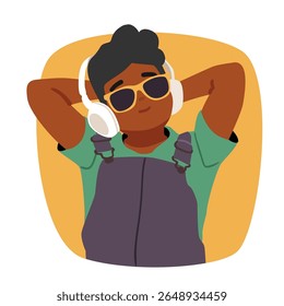 Trendy fashion boy child cartoon character wearing headphones and sunglasses feeling chill and restful listening to music bubble portrait design. Children positive emotions vector illustration