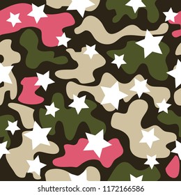 Trendy fashion camouflage seamless pattern. Clothing female style camo repeat print. Design element for fabric or wallpaper.