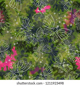 Trendy fashion camouflage seamless pattern. Clothing female and baby style camo repeat print. Design element for fabric, wrapping paper or wallpaper.