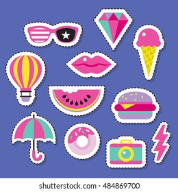 Trendy fashion chic patches, pins, badges and stickers design set. Isolated vector illustration