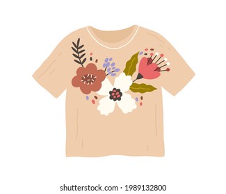 Trendy fashion clothes with handmade flower embroidery in retro style. Customized t-shirt with DIY pattern. Flat vector illustration of unique apparel with needlework isolated on white background