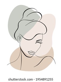 Trendy fashion contour drawing lineart portrait of a beautiful girl . Abstract face minimalism and simplicity. Beauty salon logo or interior poster