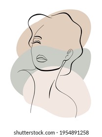 Trendy fashion contour drawing lineart portrait of a beautiful girl . Abstract face minimalism and simplicity