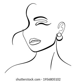 Trendy fashion contour drawing lineart portrait of a beautiful girl . Abstract face, beauty, minimalism and simplicity
