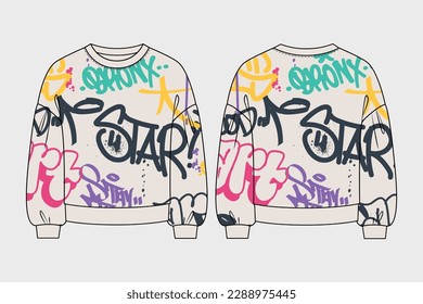 TRENDY FASHION DESIGN CREW NECK SWEATSHIRT FLAT SKETCH TECHNICAL DRAWING TEMPLATE