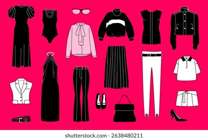 Trendy women’s fashion flat lay set. Vector illustration of stylish black and white clothing, shoes, accessories on bright pink background. Perfect for fashion design, wardrobe, or shopping content.