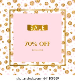 Trendy fashion gold frame Sale banner. Golden doodles with puffy polka dots.  Artistic background for wedding, bridal shower,  save the date, banner, brochure, poster, home decor, etc. Vector 
