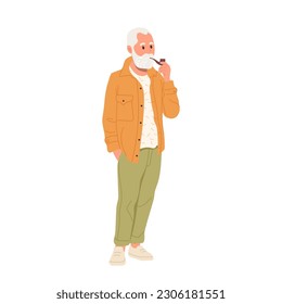 Trendy fashion good-looking old man character wearing casual clothes smoking pipe isolated portrait