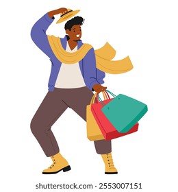 Trendy fashion guy buyer wearing stylish hat and scarf posing with shopping bags filled purchases isolated on white. Shopaholic male cartoon character dressed casual attire vector illustration