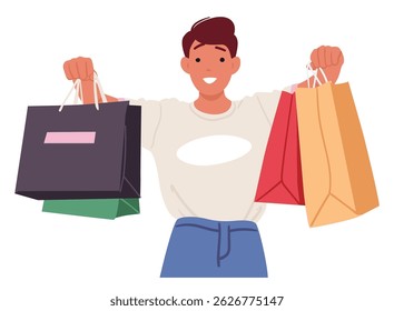 Moda moda cara personagem de desenho animado orgulhoso de grandes compras demonstrando compras em sacos de papel retrato isolado no fundo branco. Jovem comprador usando mercado de loja descontos vetor ilustração