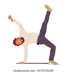 Trendy fashion guy in good physical shape standing upside down showcasing funny positive emotions rejoicing success vector illustration. Healthy lifestyle, sincere expressiveness, breakdance training