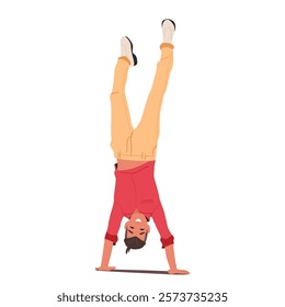 Trendy fashion guy happy strong cartoon male character with good coordination and positive emotion demonstrating handstand balancing body upside down rejoicing celebrating win vector illustration