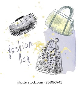 trendy fashion  handbags.  Fashionable Hand drawn illustration.