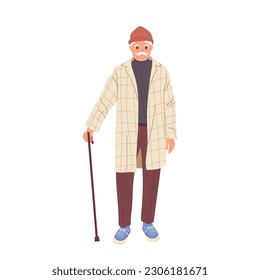 Trendy fashion old grey-haired man flat cartoon character wearing stylish trench, hat and shoes