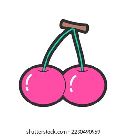 Trendy fashion patch or badge of cherry cartoon illustration. Cute cherry sticker. Style, embroidery concept