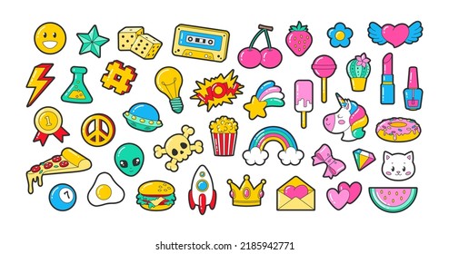 Trendy fashion patch badges cartoon illustration set. Cute colorful unicorn, crown, pizza, lipstick, rainbow, hearts and girl stuff stickers. Style, embroidery concept
