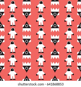 Trendy fashion pattern with spaceman and rocket. Seamless vector. Red background.