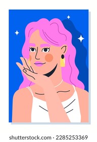 Trendy fashion portrait. Young beautiful girl with pink hair. Model for fashion magazine. Woman in white dress with gold earrings on blue background. Cartoon flat vector illustration