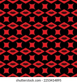 trendy fashion print red geometric figures black lips on black seamless pattern vector, classical retro ornament