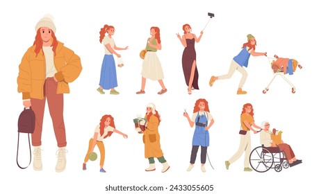 Trendy fashion redheaded woman cartoon character sporting, parting, volunteering, earning money