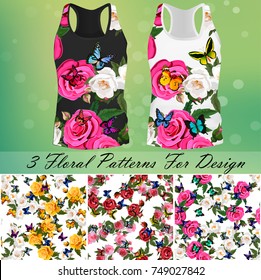 trendy fashion rose and butterflies design. 3 seamless rose and butterflies patterns for design or backgrounds. T-Short embroidery, ornament or romantic design