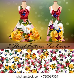 trendy fashion rose and butterflies design. 3 seamless rose and butterflies patterns for design or backgrounds. Dress embroidery, ornament or romantic design