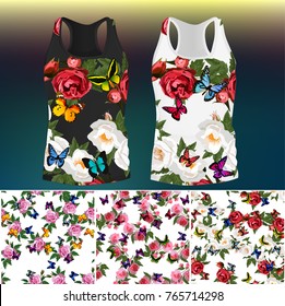 trendy fashion rose and butterflies design. 3 seamless rose and butterflies patterns for design or backgrounds. T-Short embroidery, ornament or romantic design