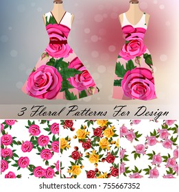 trendy fashion rose design. 3 seamless rose patterns for design or backgrounds. Dress embroidery, ornament or romantic design