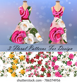 trendy fashion rose design. 3 seamless rose patterns for design or backgrounds. Dress embroidery, ornament or romantic design