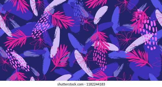 Trendy Fashion Seamless Pattern with Creative Leaves and Hand Drawn Brush Strokes. Illustration for Surface , Invitation , Notebook, Banner , Wrap Paper ,Textiles