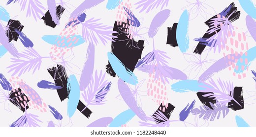 Trendy Fashion Seamless Pattern with Creative Leaves , Flowers and Hand Drawn Brush Strokes .Illustration for Surface , Invitation , Notebook, Banner , Wrap Paper ,Textiles