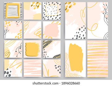 Trendy fashion square color templates with doodle geometric elements. For social media stories and posts, mobile apps, banners design and web. backgrounds set. Vector illustration