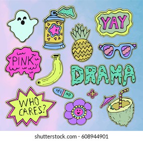 Trendy fashion stickers or patches set with cute design elements and slang phrases in 80s 90s cartoon style. Vector