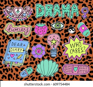 Trendy fashion stickers or patches set with cute design elements and slang phrases in 80s 90s cartoon style. Vector
