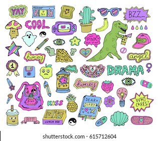 Trendy Fashion Stickers Or Patches Set With Cute Design Elements And Slang Phrases In 80s 90s Cartoon Style.Isolated. Vector