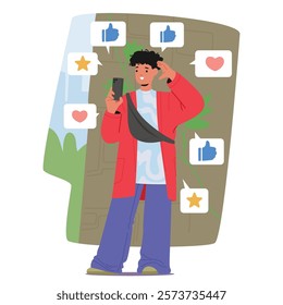 Trendy fashion teenager blogger cartoon character taking selfie photo on mobile camera to share in social media networks with friends and followers vector illustration. Generation z hobby trends