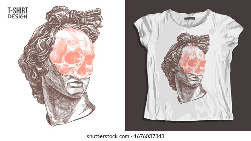 Trendy fashion t-shirt print concept with Apollo ancient head and human skull in statue. Urban casual clothes template or mockup. Surreal antique sculpture concept