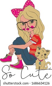Trendy fashion T-shirt print for textile GİRL and  cat draw design pattern