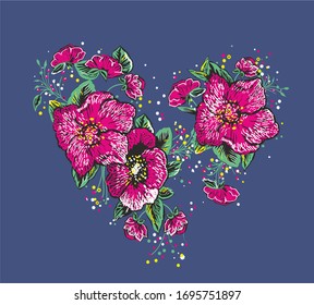Trendy fashion T-shirt print for textile flower heart draw design pattern