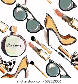 Trendy fashion vector wallpaper pattern with cosmetics, perfume, shoes, lipstick, mascara and lipstick