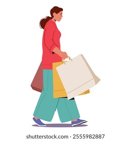 Trendy fashion woman shopaholic cartoon character walking with shopping bags isolated on white background. Young female wearing casual clothing carrying purchases package vector illustration