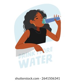 Trendy fashion woman thirsty young character drinking more fresh water from plastic sport bottle container cartoon scene. Healthy habit, body care and refreshment on time vector illustration
